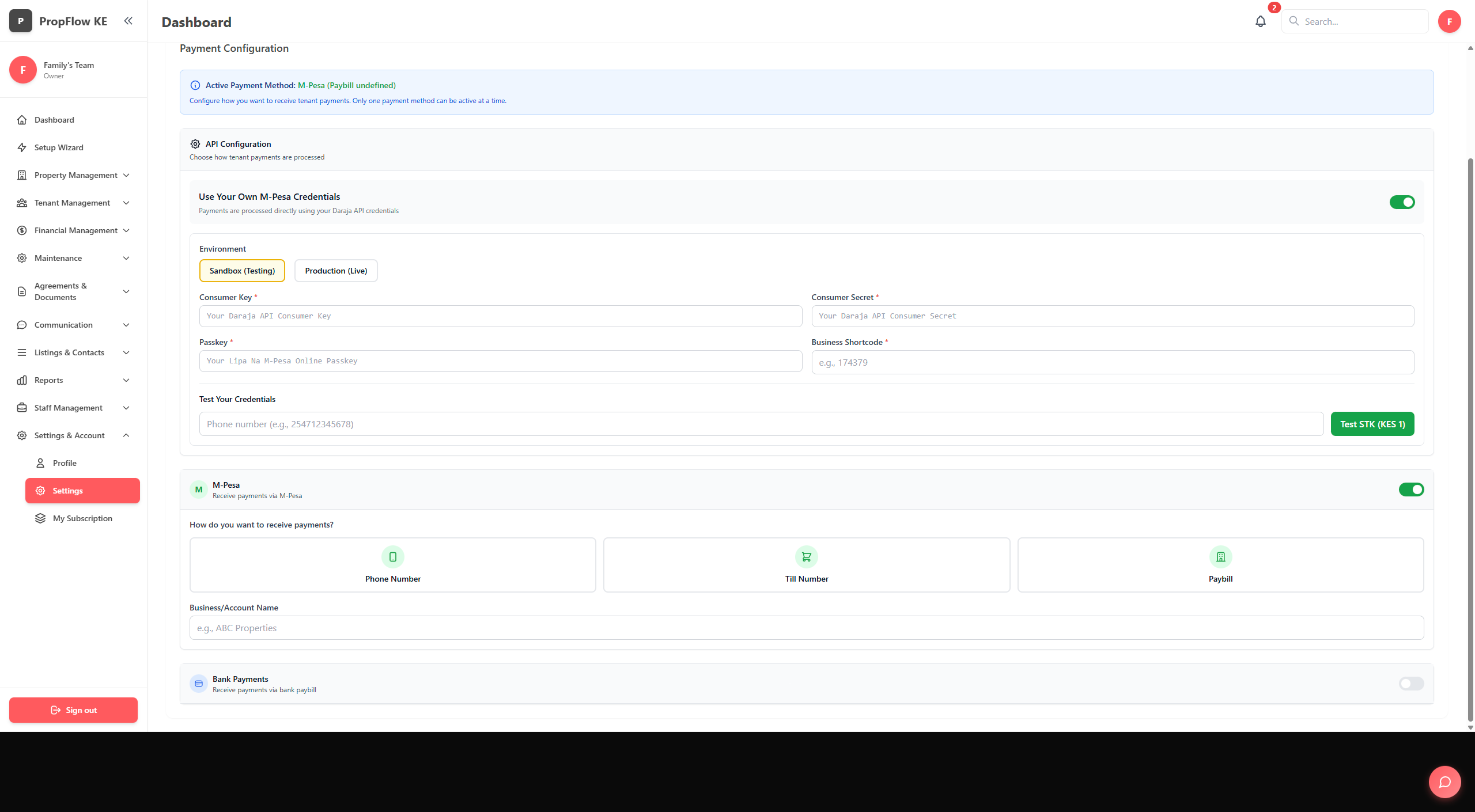 M-Pesa payment integration settings
