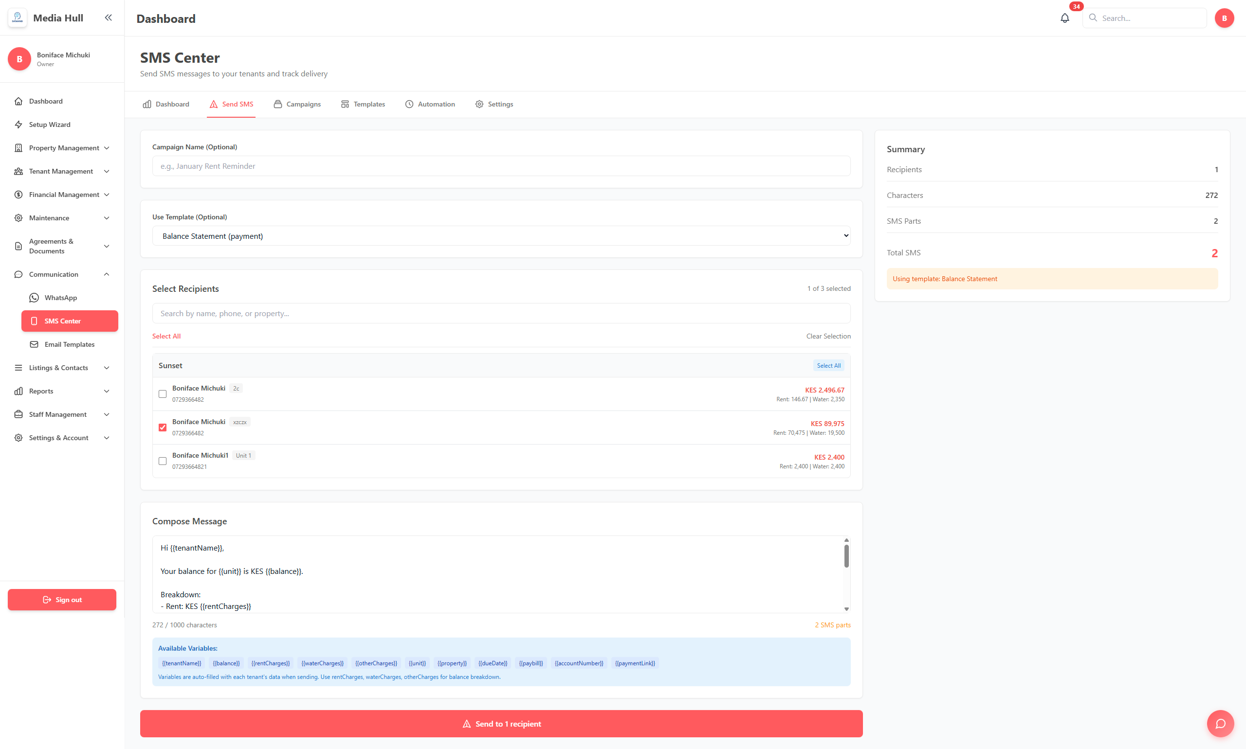 SMS Center for sending bulk messages to tenants
